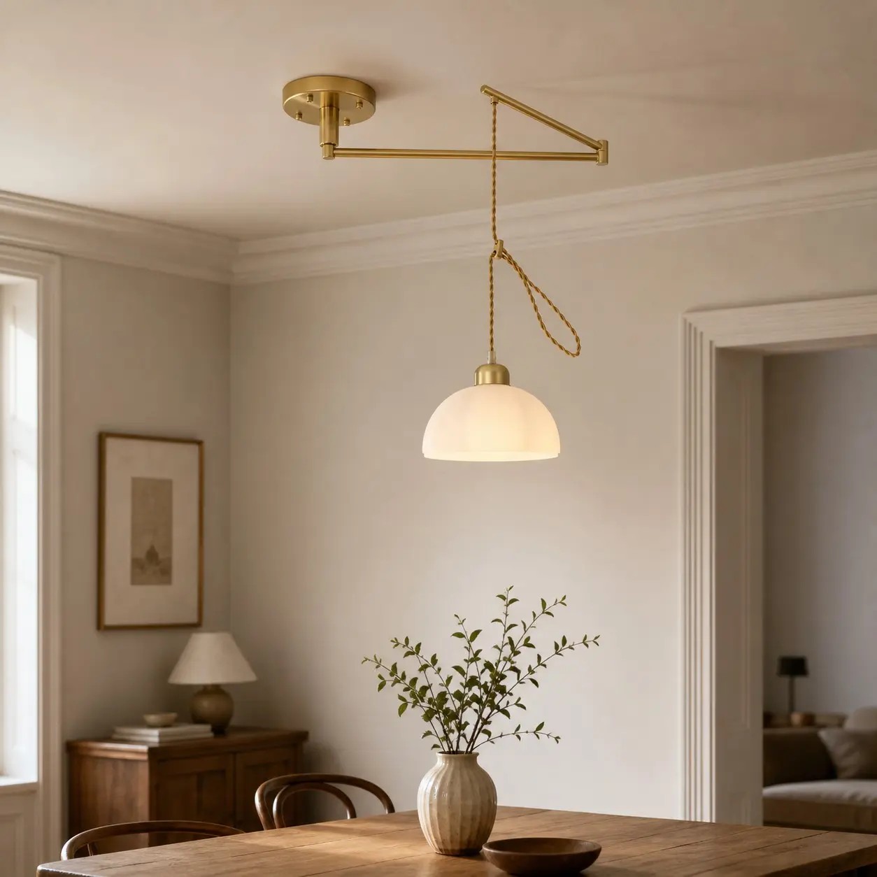 Gouden hanglamp in een sfeervolle eetkamer.