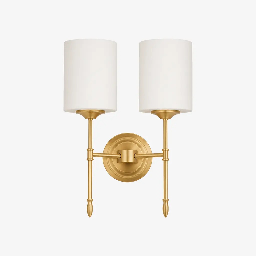 Two-head Style D wall light with opal glass shades
