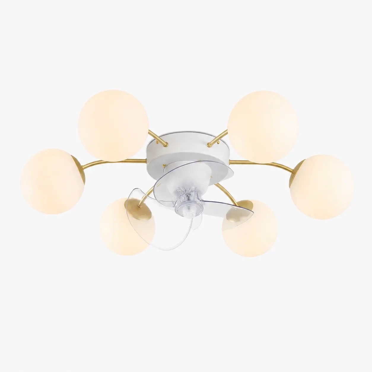 Ventilador de techo con luz, de hierro y cristal blanco y dorado, con 6 cabezales.
