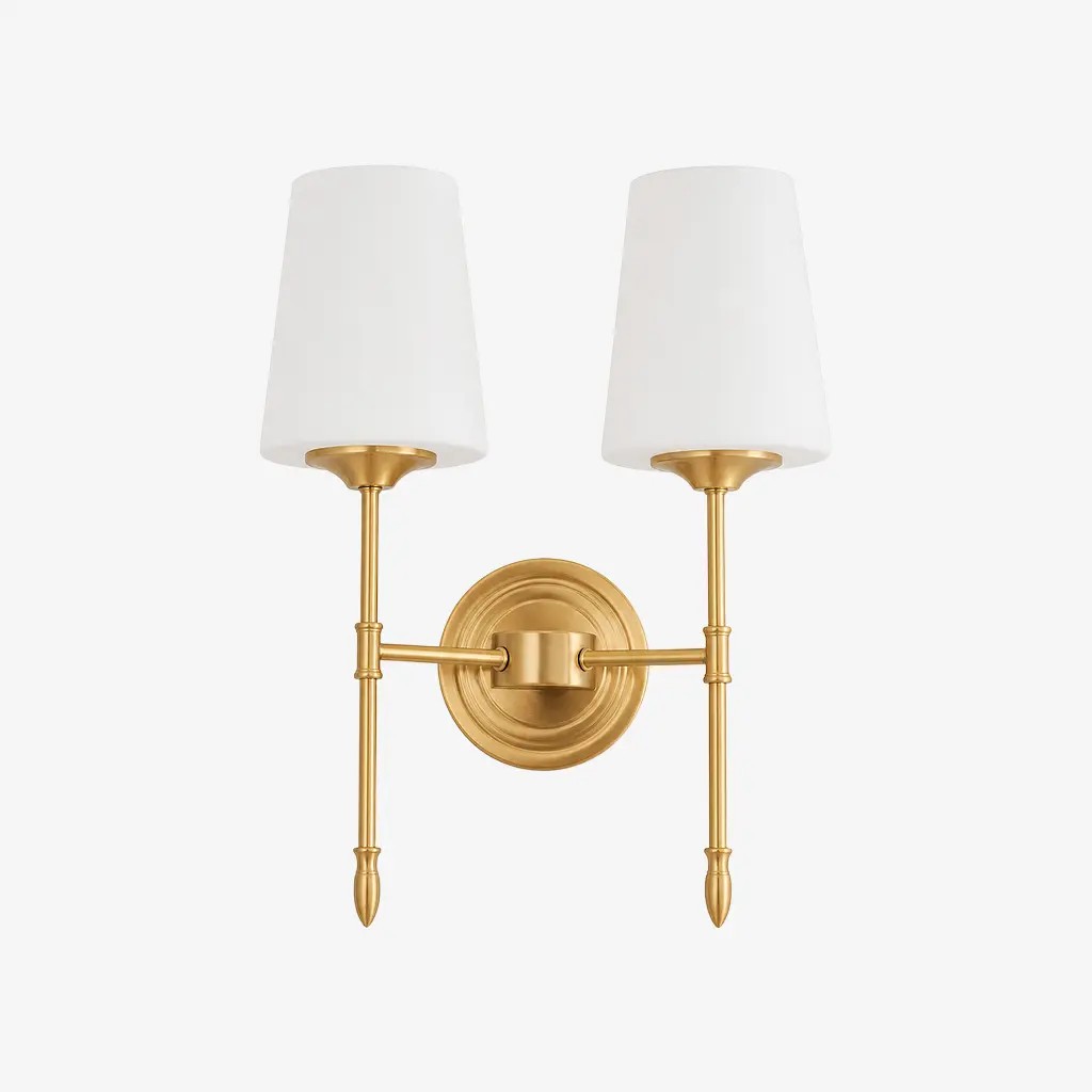 Two-head Style C wall light with opal glass shades