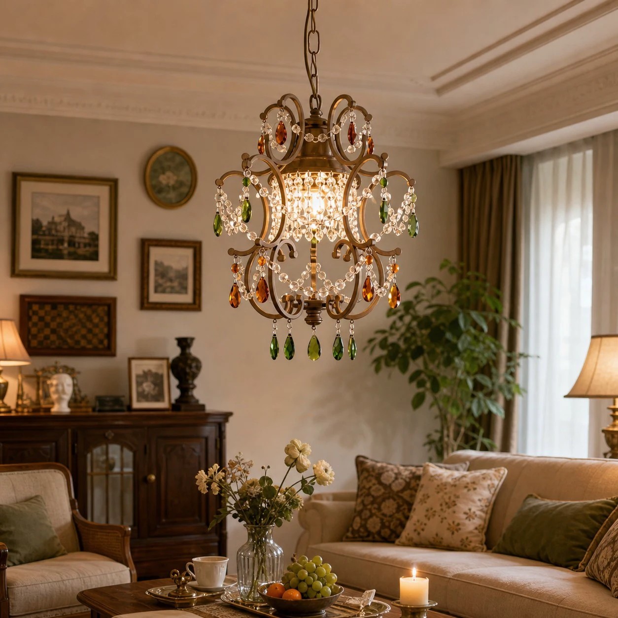 Suspension en cristal vintage dans un salon chaleureux