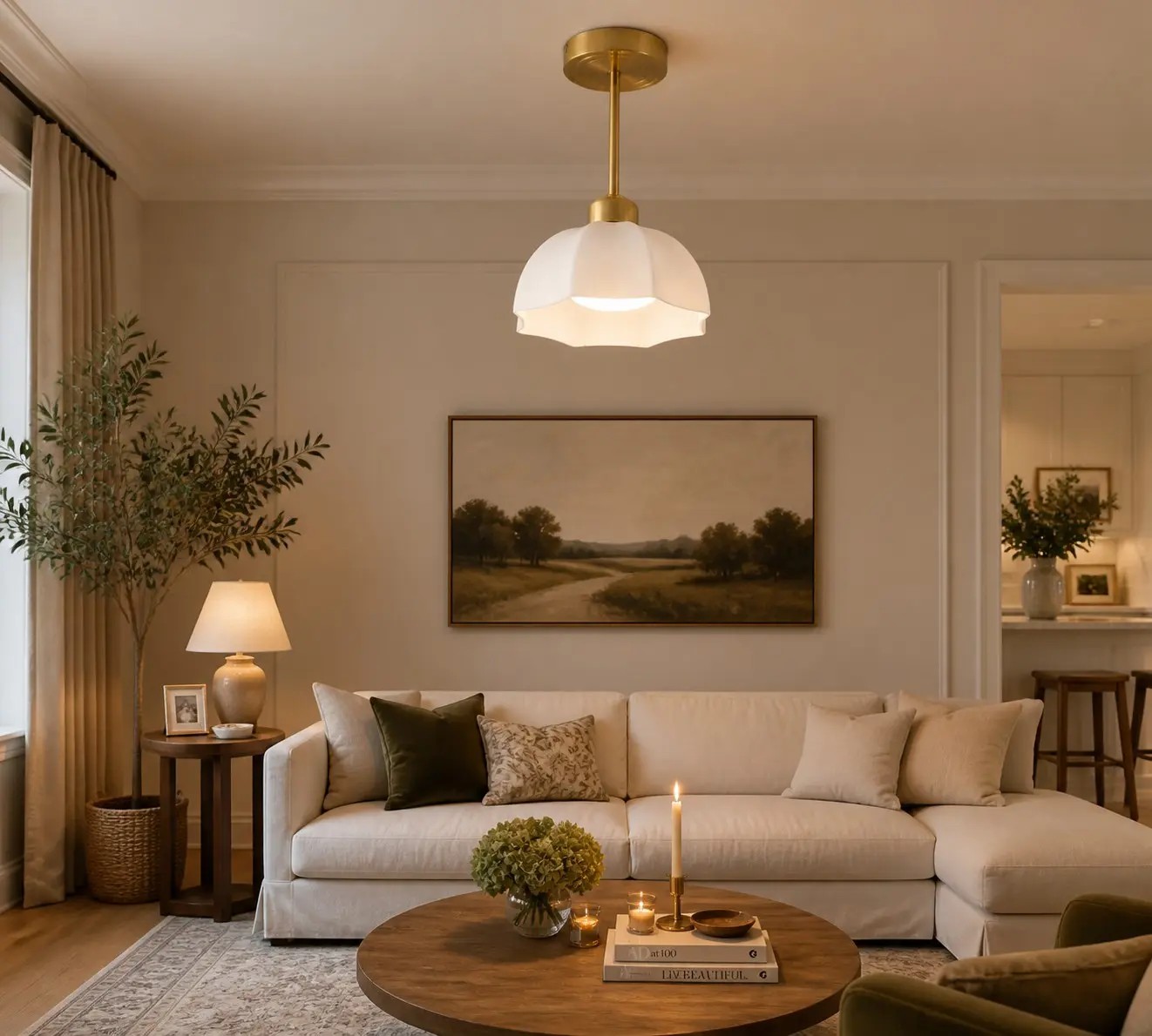 Plafondlamp van melkglas in een verfijnd interieur