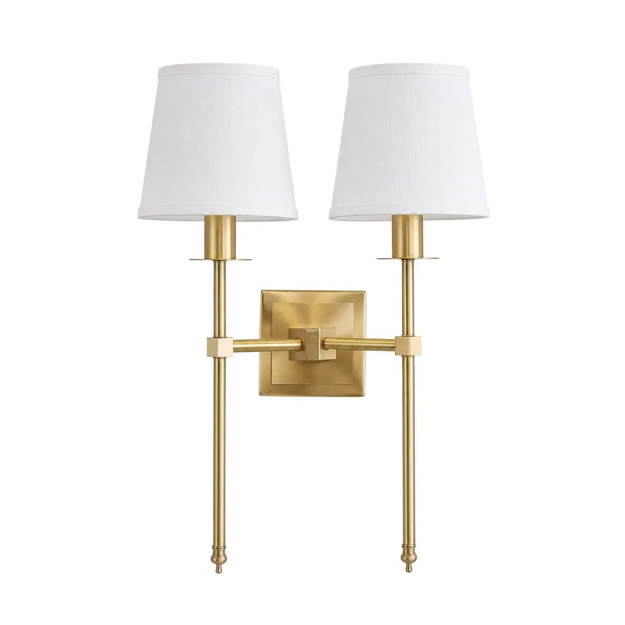 Dubbele messing wandlamp met witte stoffen kappen
