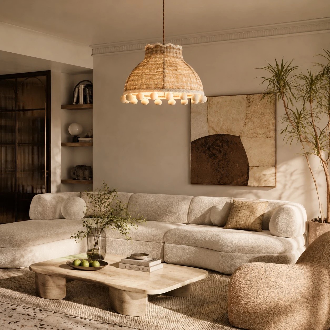 Suspension lumineuse en tissu à pompons couleur crème française