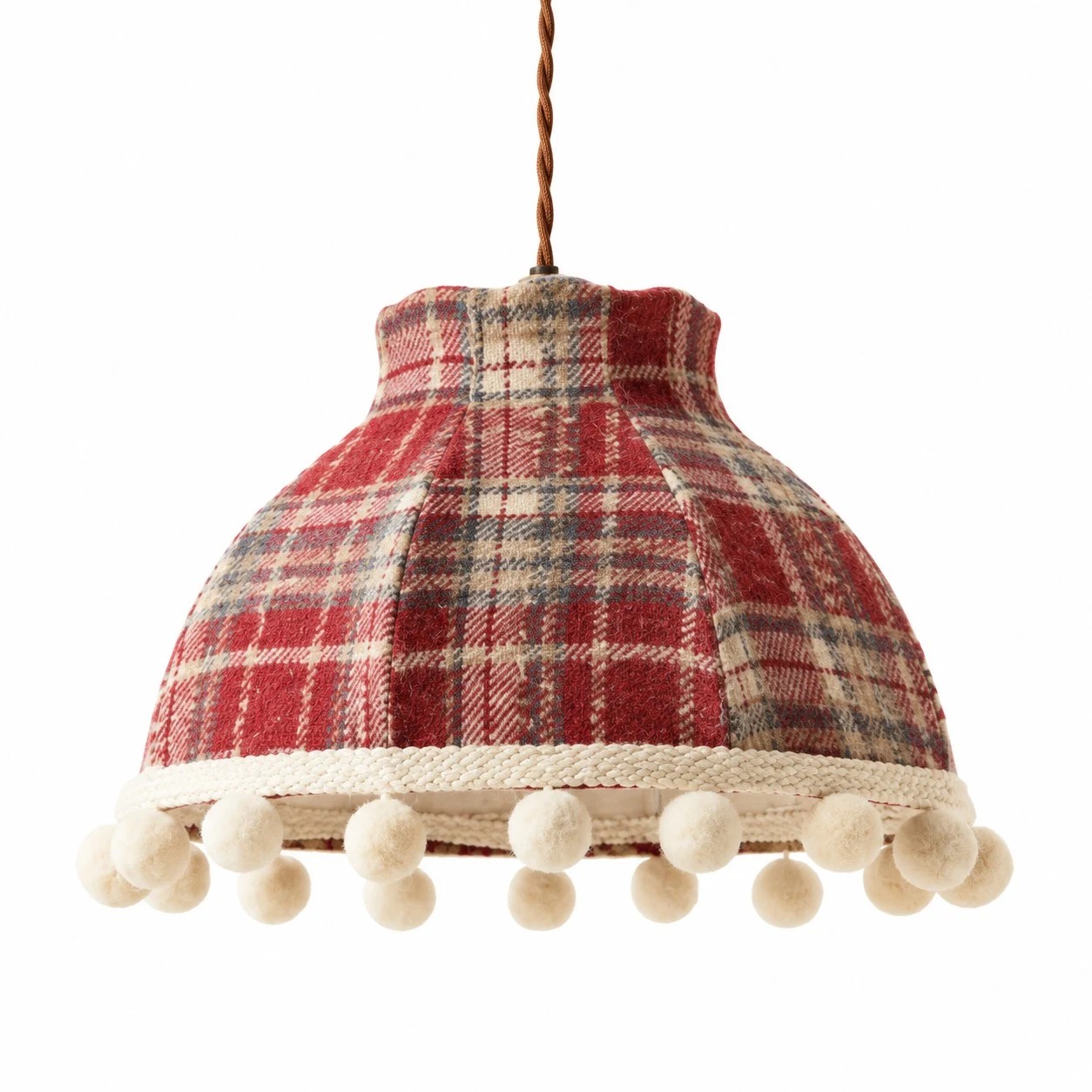Suspension lumineuse en tissu à pompons couleur crème française