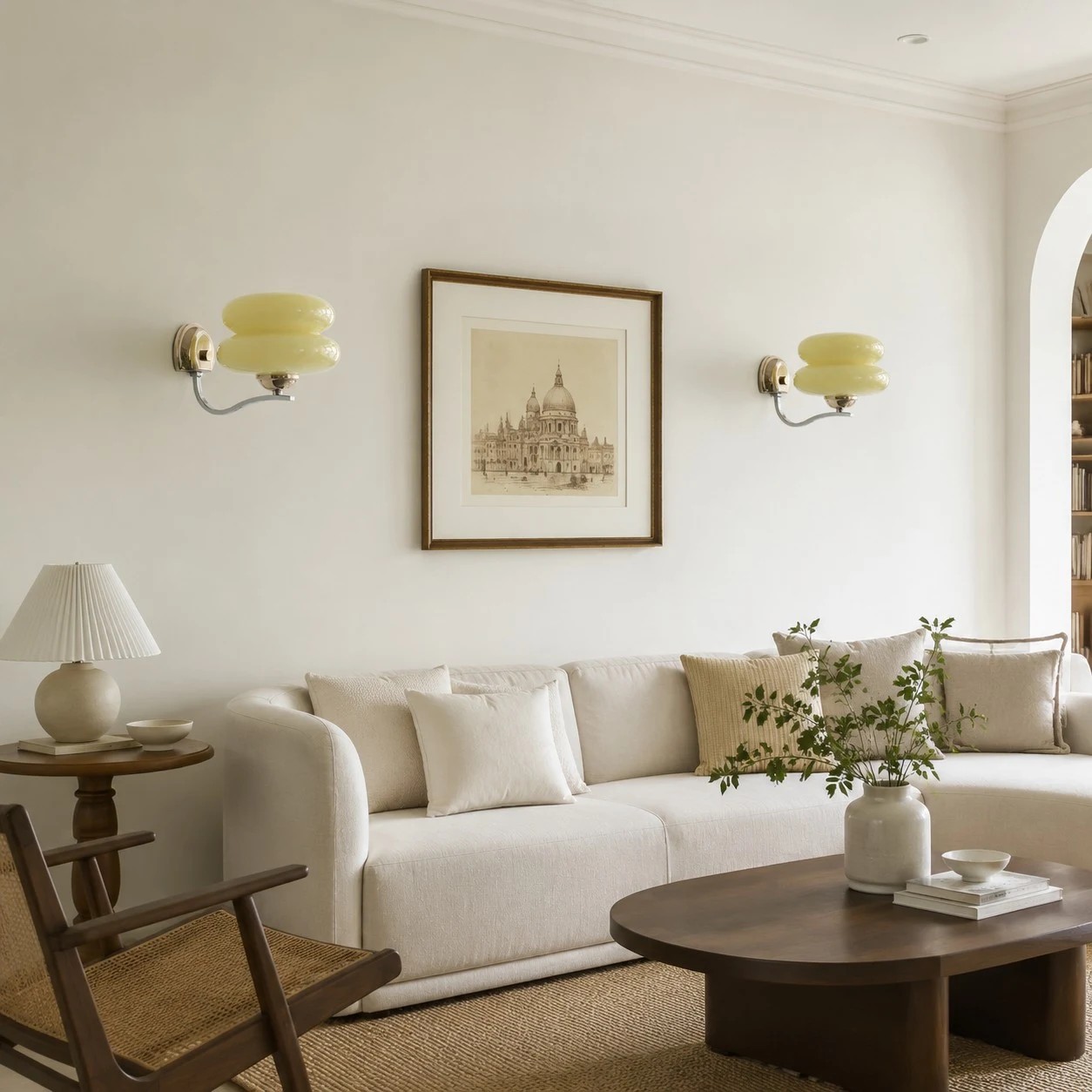 Milk glass wall sconces installed in a living room