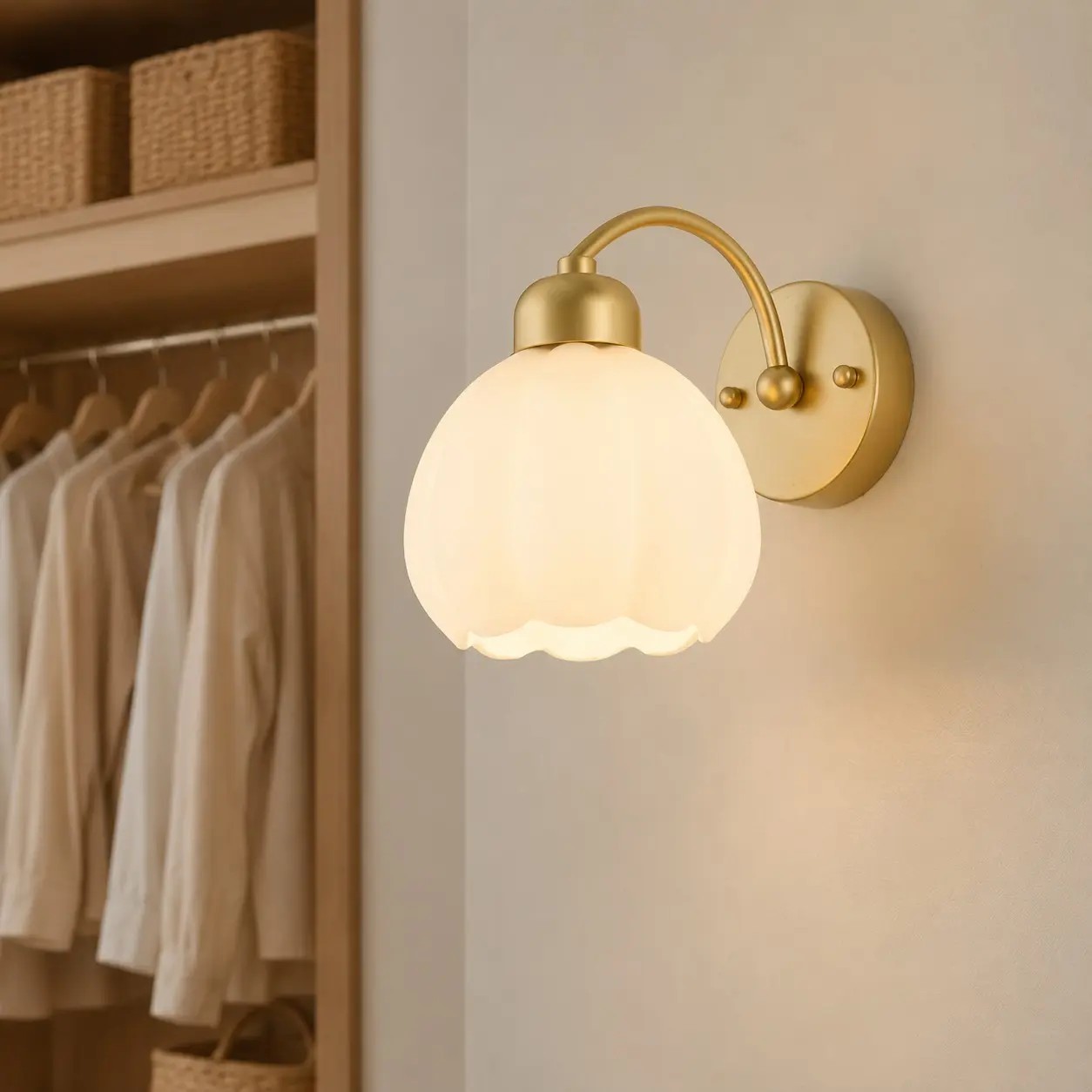 Lampa ścienna w kształcie kwiatu z mlecznego szkła w eleganckiej garderobie