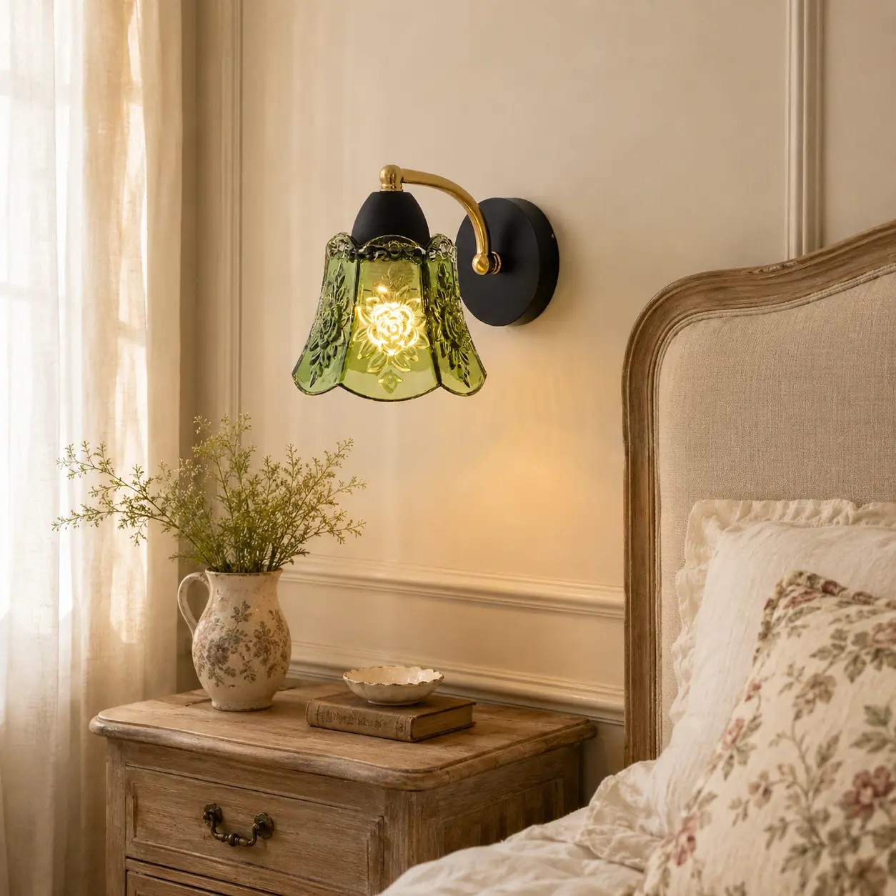 Antyczna zielona szklana lampa ścienna w sypialni w stylu francuskim
