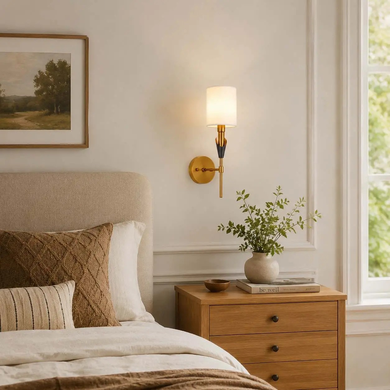 Lámpara de pared con pantalla de tela, ideal para un dormitorio acogedor.