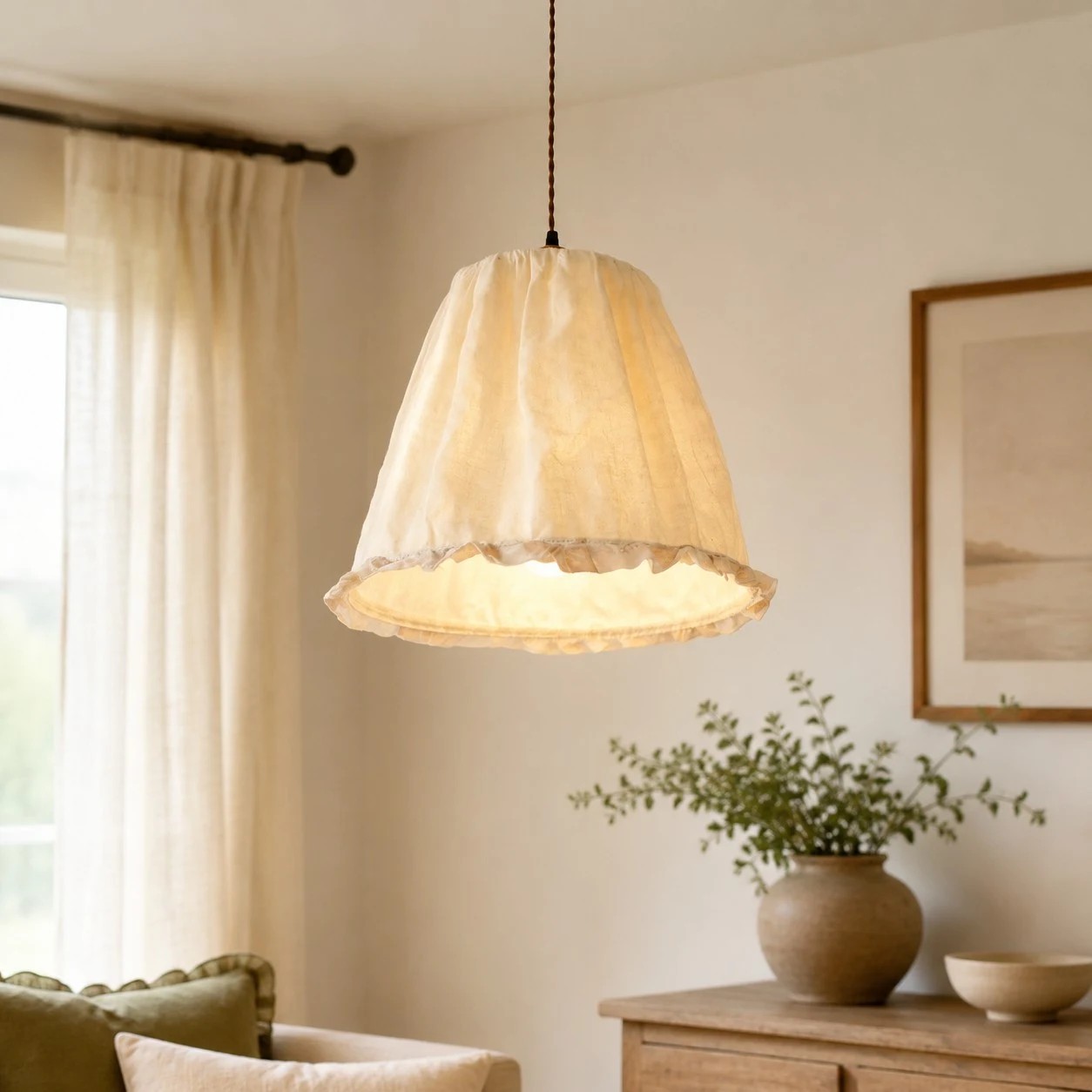 Suspension en tissu ivoire diffusant une douce lumière dans un intérieur aux tons neutres