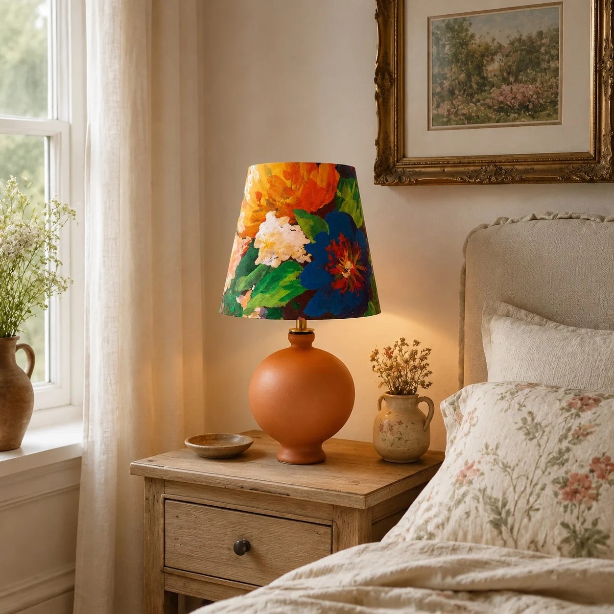 Bloemvormige keramische tafellamp, gestyled op een nachtkastje.