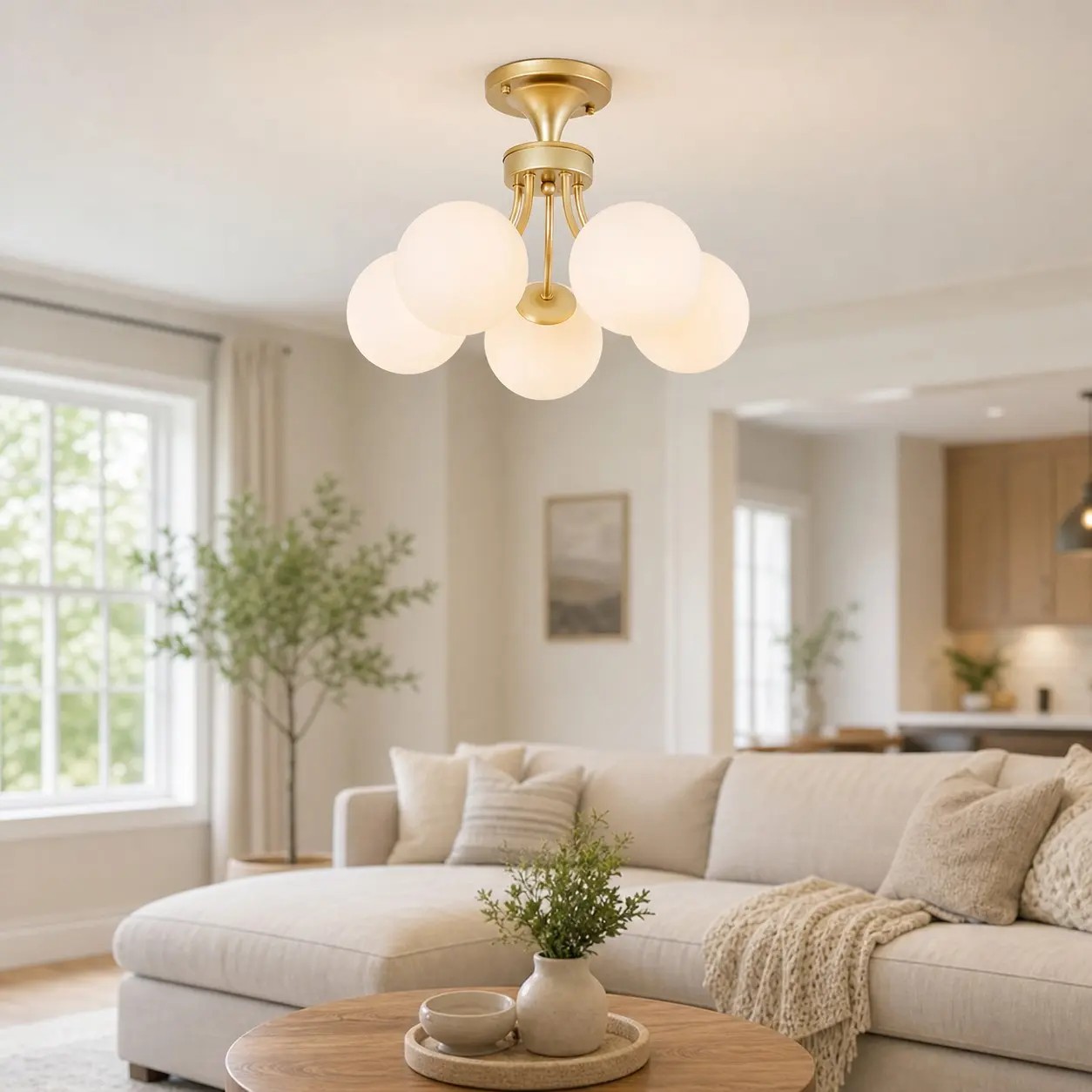 Goldene Kugel-Deckenleuchte in einem hellen, modernen Wohnzimmer