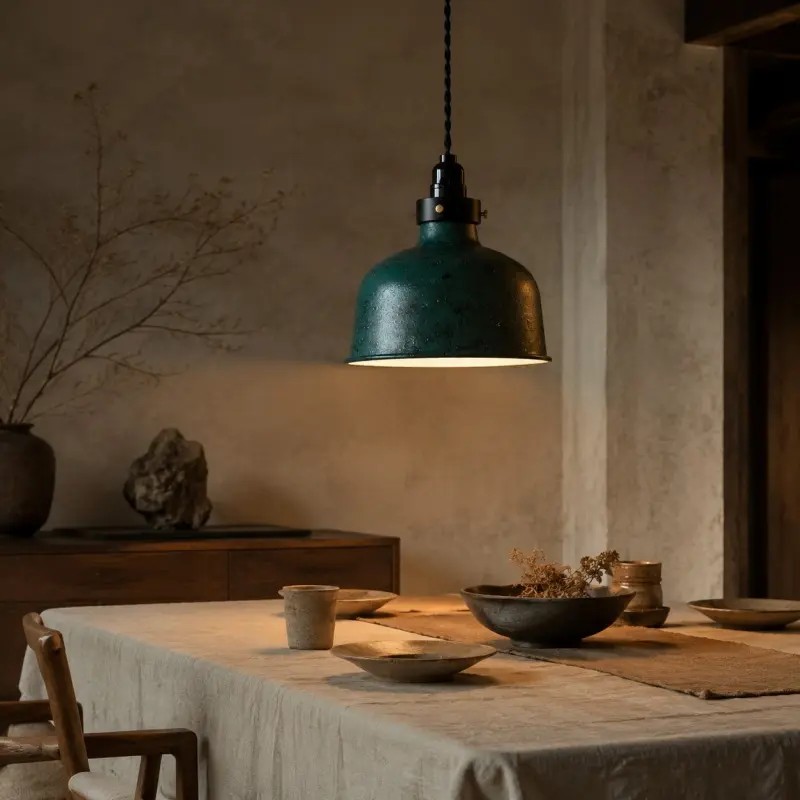 Vintage hanglamp boven een eettafel
