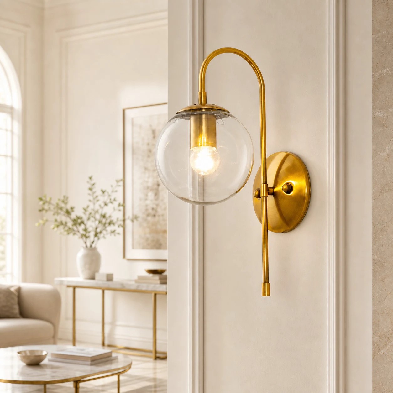 Gouden wandlamp van helder glas in een lichte woonkamer.