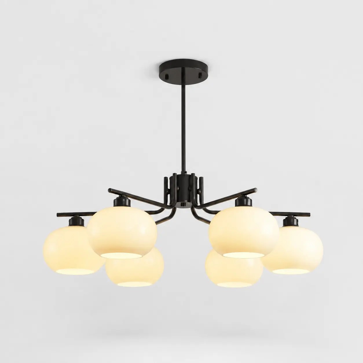 Solid brass black six-light milk glass chandelier
