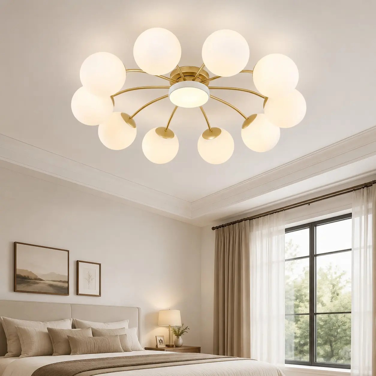 Lámpara de techo de cristal opalino en un dormitorio luminoso