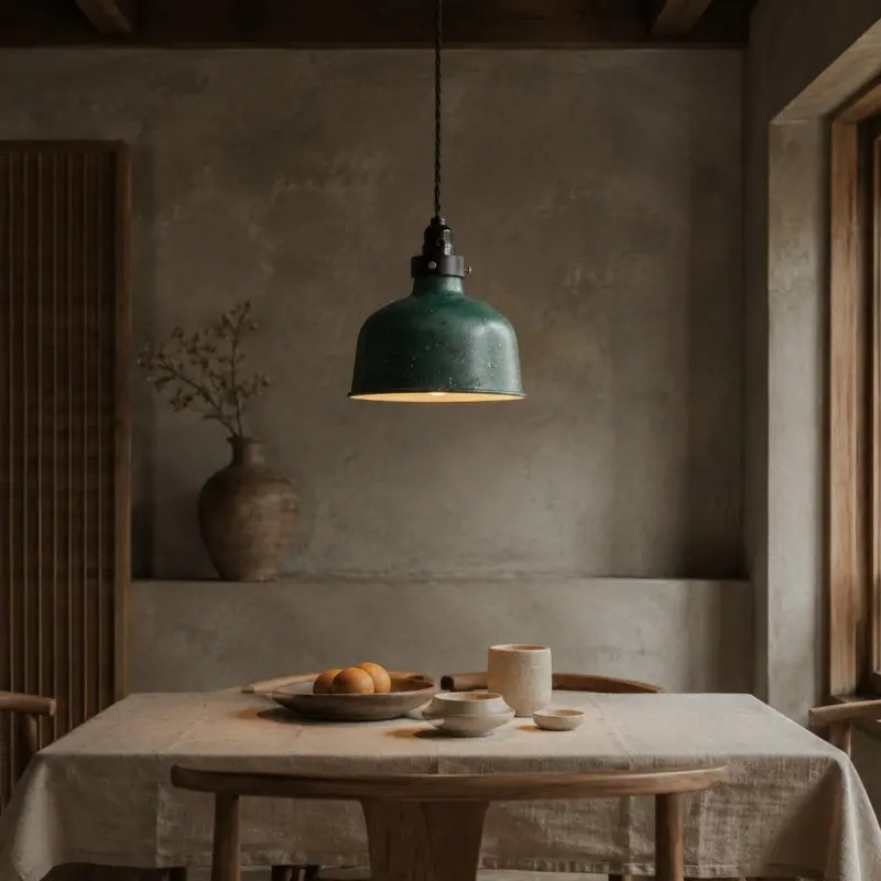 Groene hanglamp in een rustiek interieur
