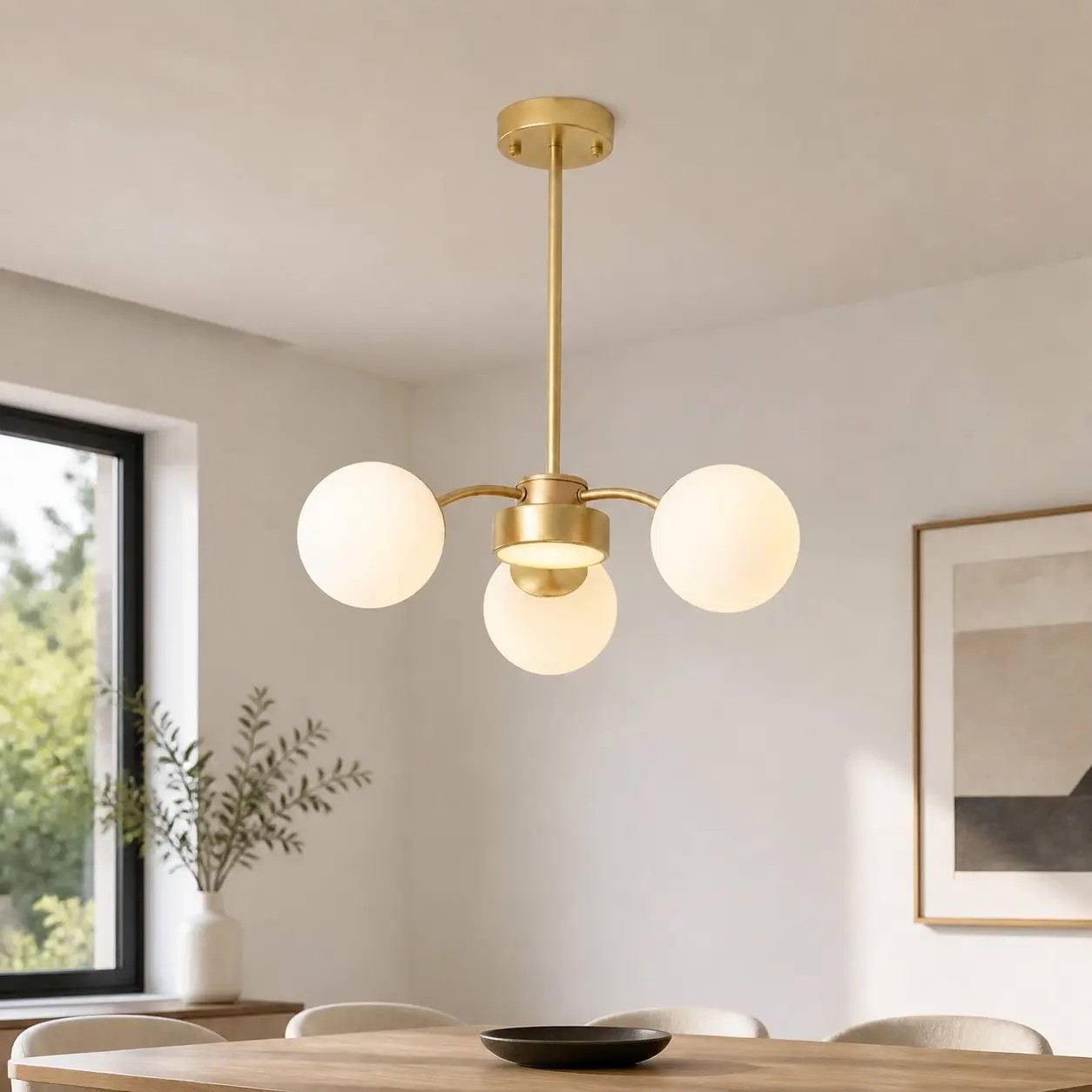 Kroonluchter van melkglas in een moderne eetkamer.