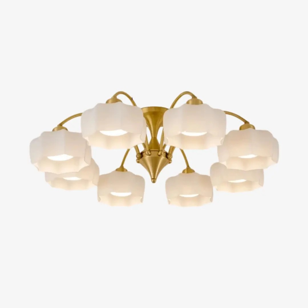 Eight-light white glass flush mount with brushed gold frame