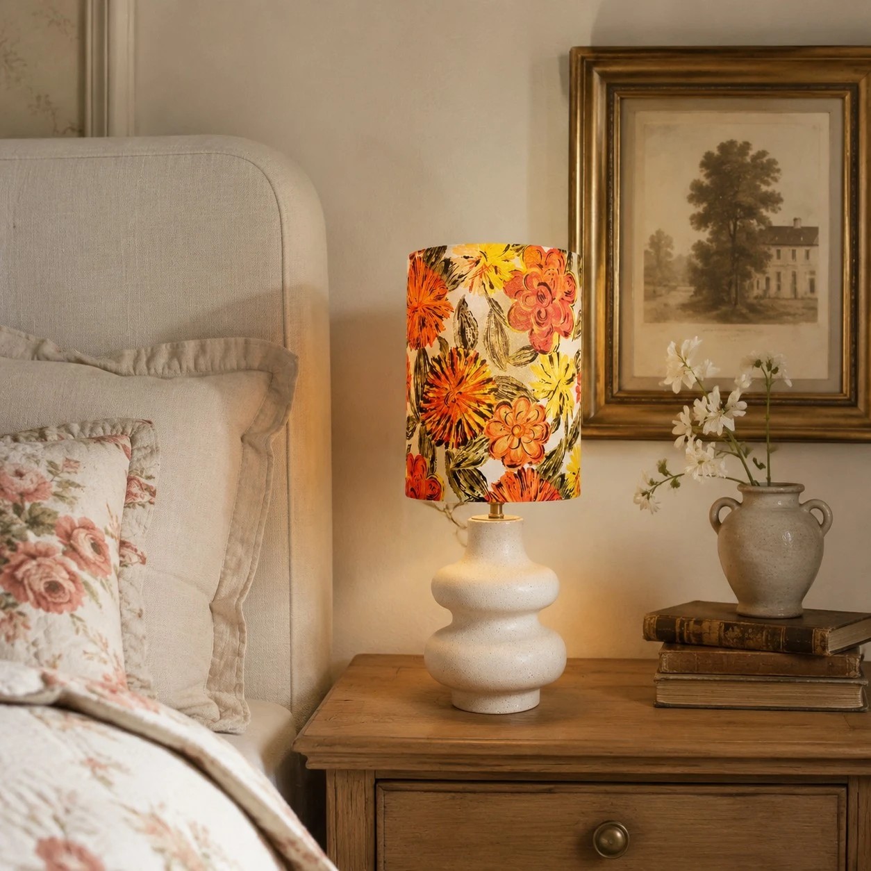 Liberty keramische tafellamp met bloemenmotief, gestyled op een nachtkastje in de slaapkamer.