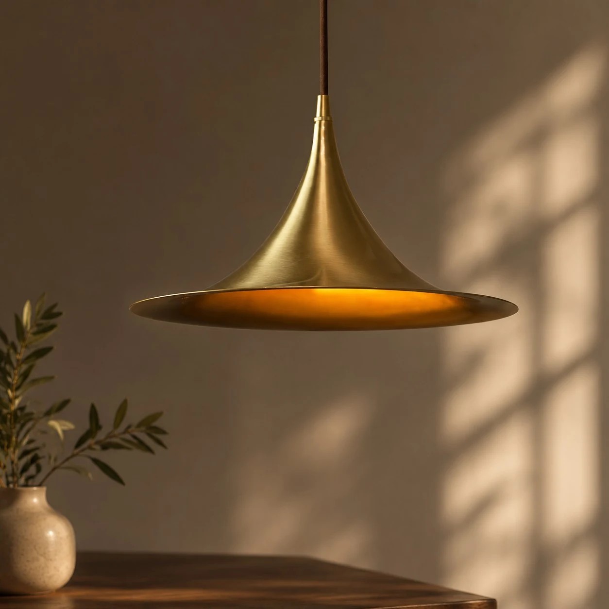 Pendentif en laiton placé au-dessus d'une table à manger