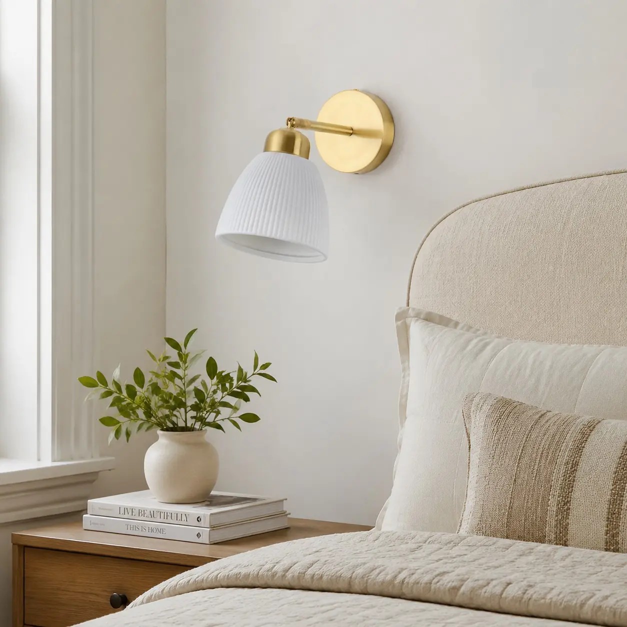 Keramische en messing wandlamp naast een licht slaapkamerraam