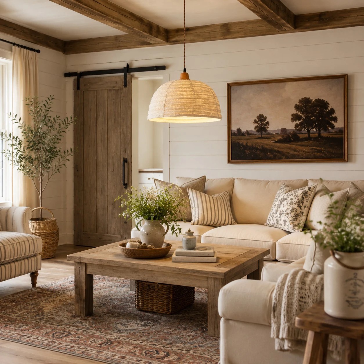 Wabi-Sabi-Hanf-Pendelleuchte in einem warmen Wohnzimmer