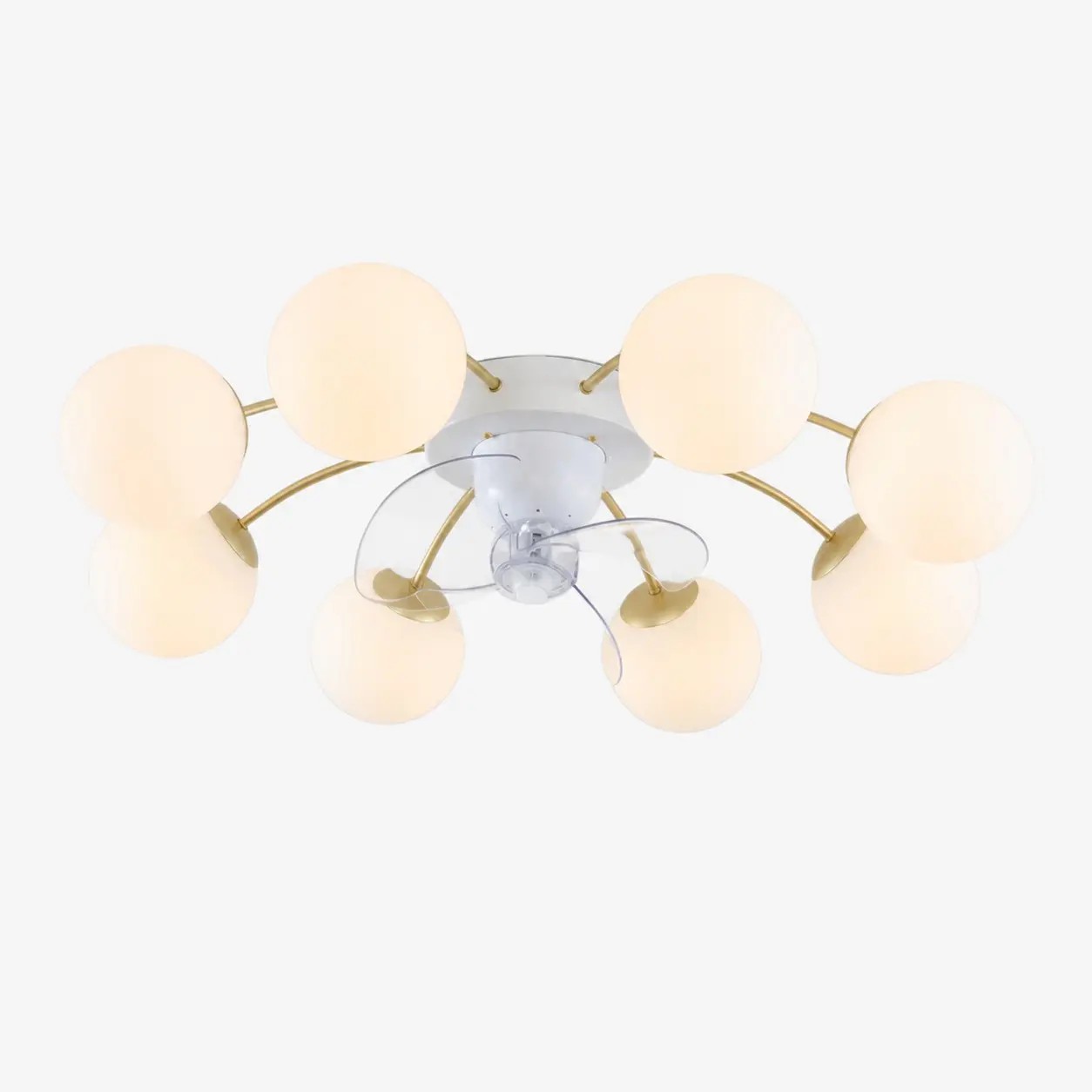 Ventilador de techo con luz, de hierro y cristal blanco y dorado, con 8 cabezales.