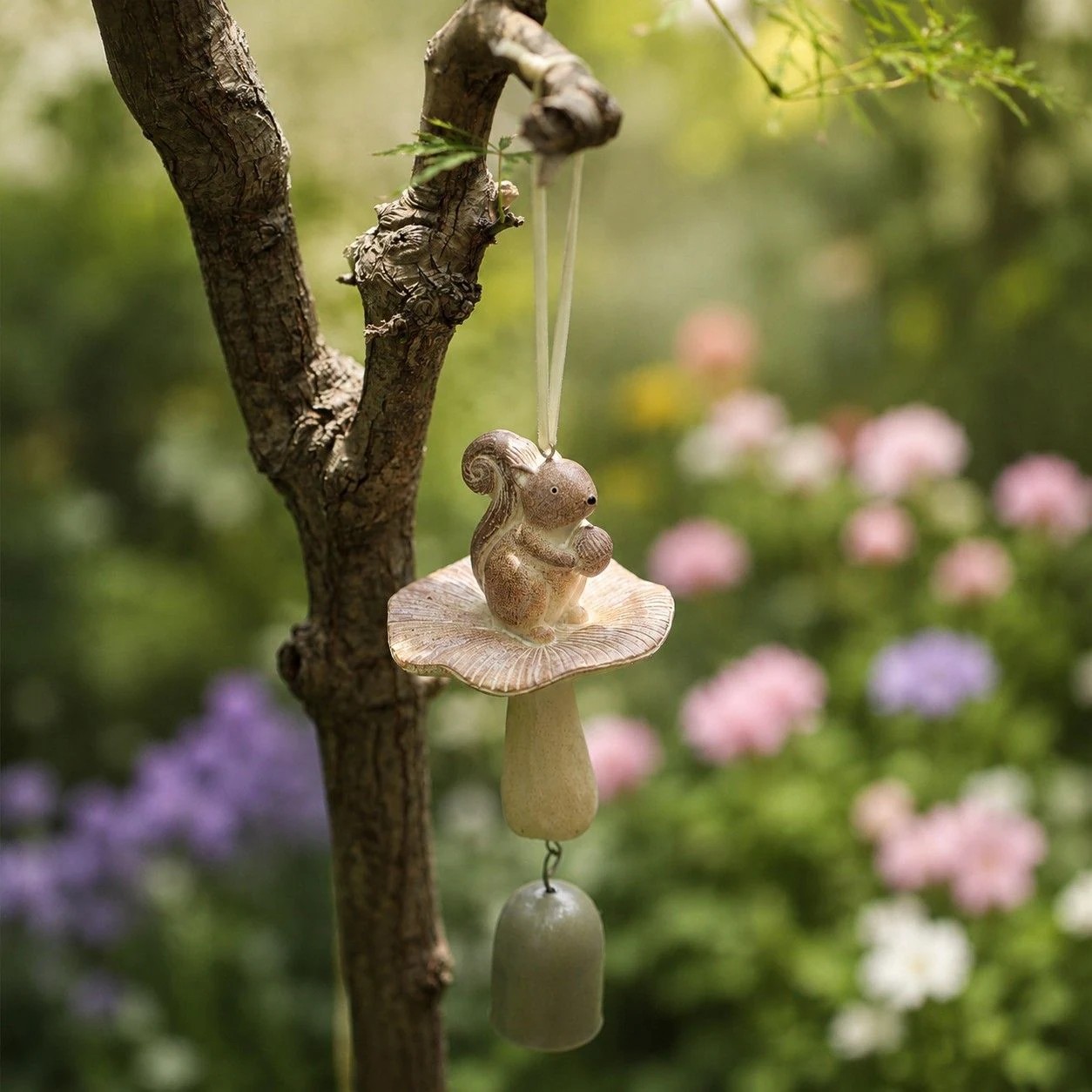 Carillon éolien en forme d'écureuil suspendu dans un jardin