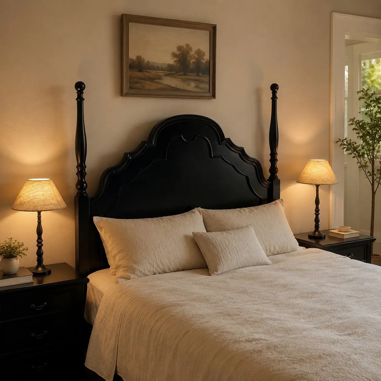 Beige en zwarte tafellamp in een rustige slaapkamer.