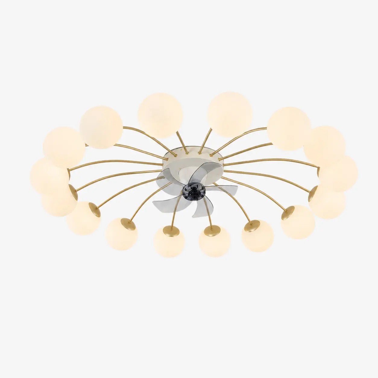 Ventilador de techo con luz, de hierro y cristal blanco y dorado, con 16 cabezales.
