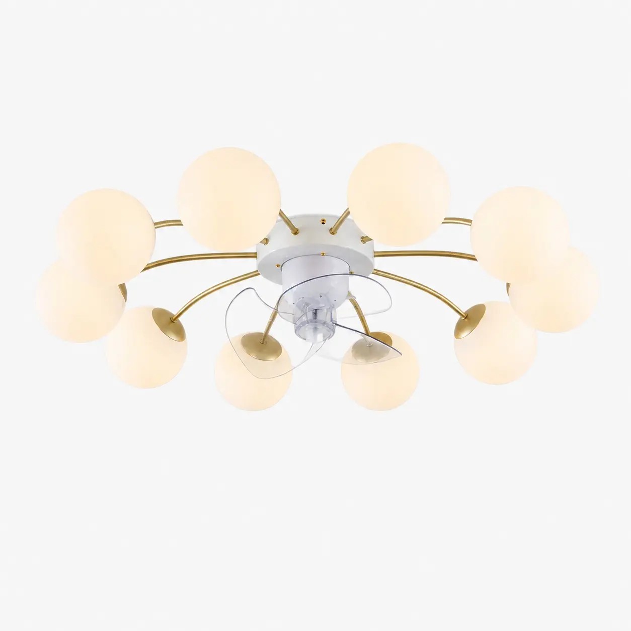 Ventilador de techo con luz, de hierro y cristal blanco y dorado, con 10 cabezales.