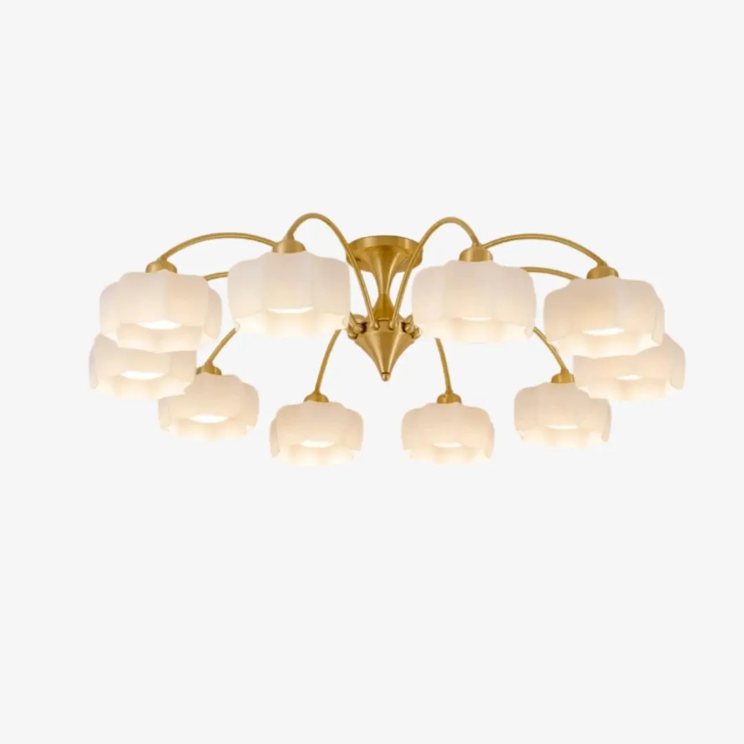 Ten-light white glass flush mount with brushed gold frame