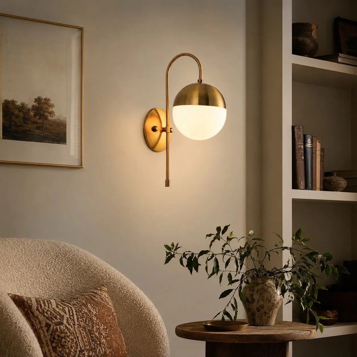 Lámpara de pared de cristal opalino dorado en una sala de estar moderna.