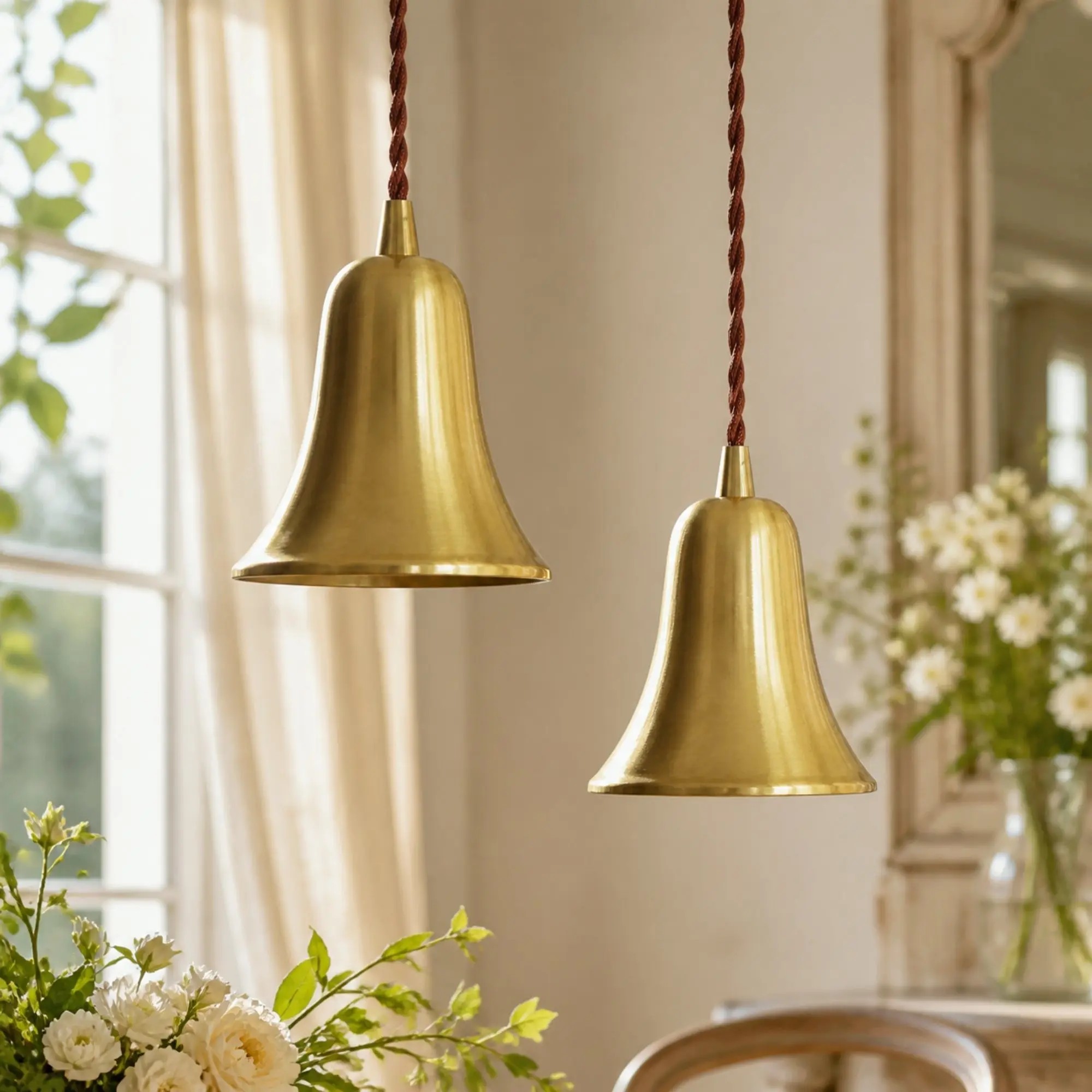 Twee hanglampen in de vorm van klokvormige lampen van natuurlijk messing in een elegant interieur.