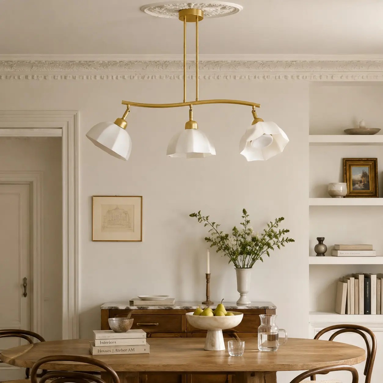 Modern three-light chandelier styled in a warm interior