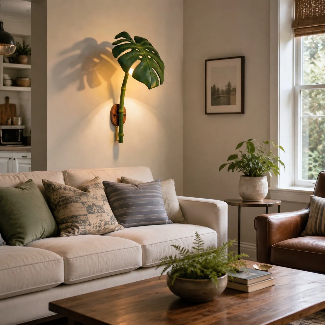 Lámpara de pared con forma de hoja de monstera en un espacio cálido.