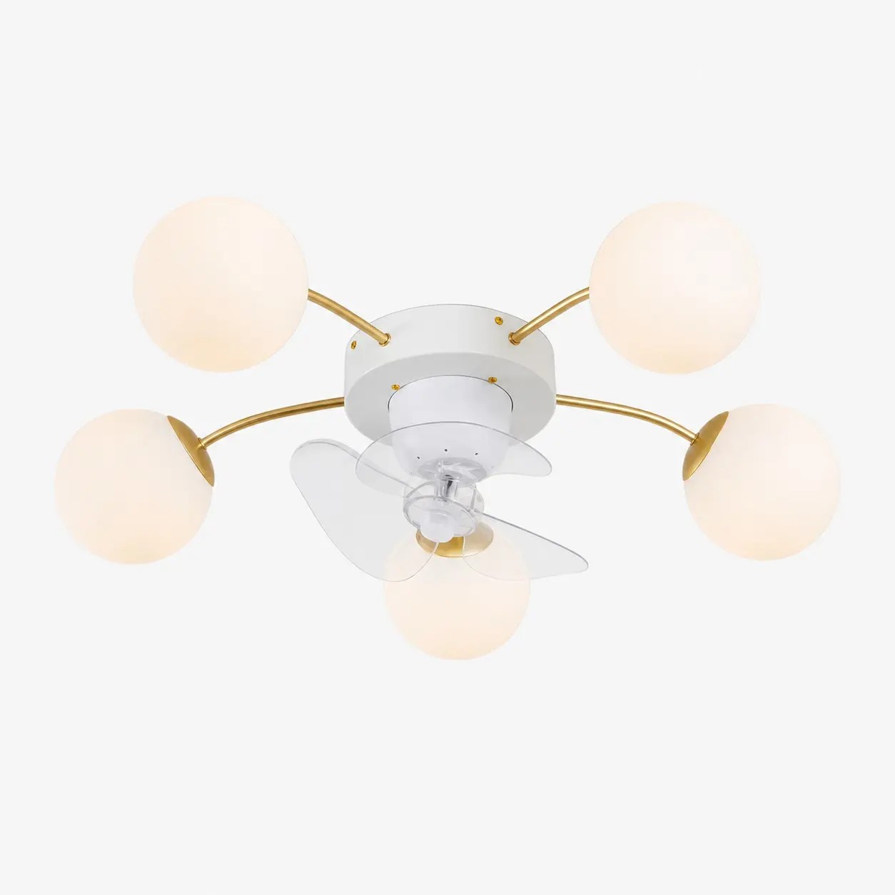 Ventilador de techo con luz, de hierro y cristal blanco y dorado, con 5 cabezales.
