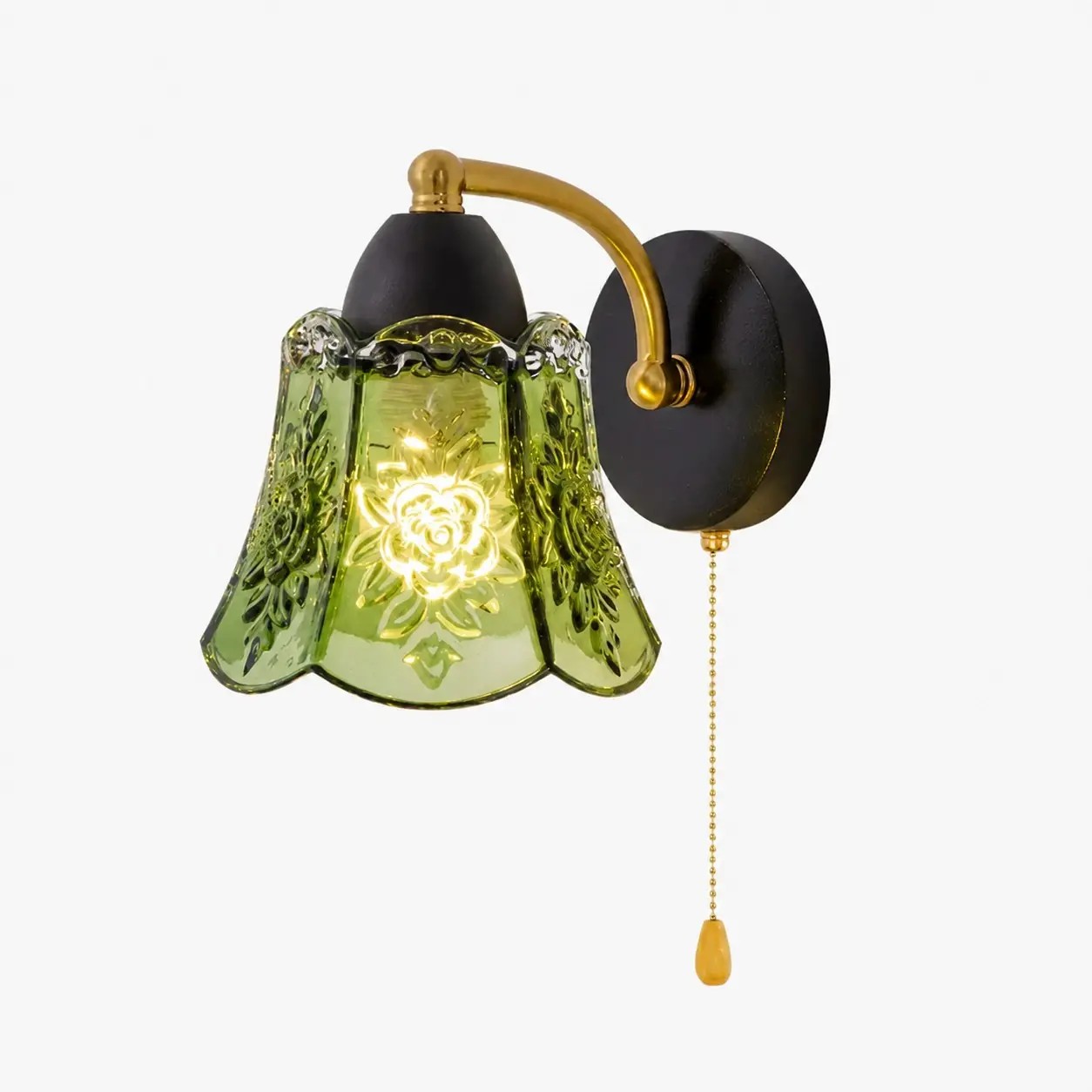 Antyczna zielona szklana lampa ścienna z włącznikiem sznurkowym