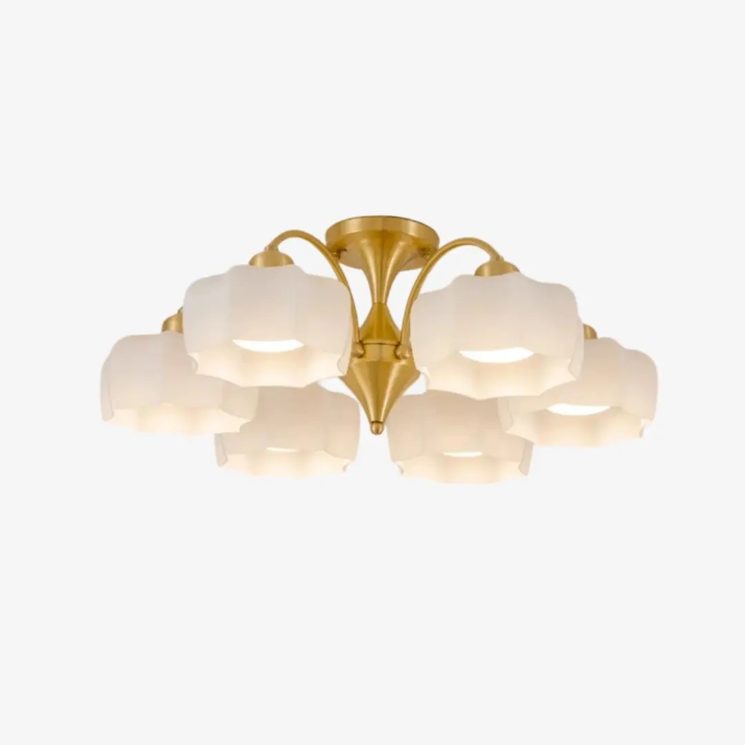 Six-light white glass flush mount with brushed gold frame