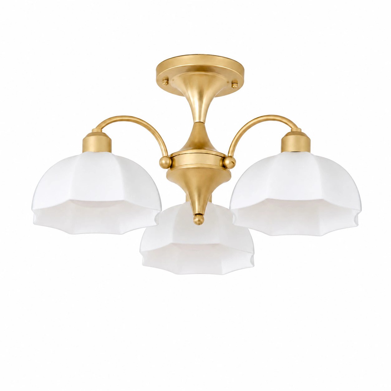 Gold three-light chandelier with white glass shades