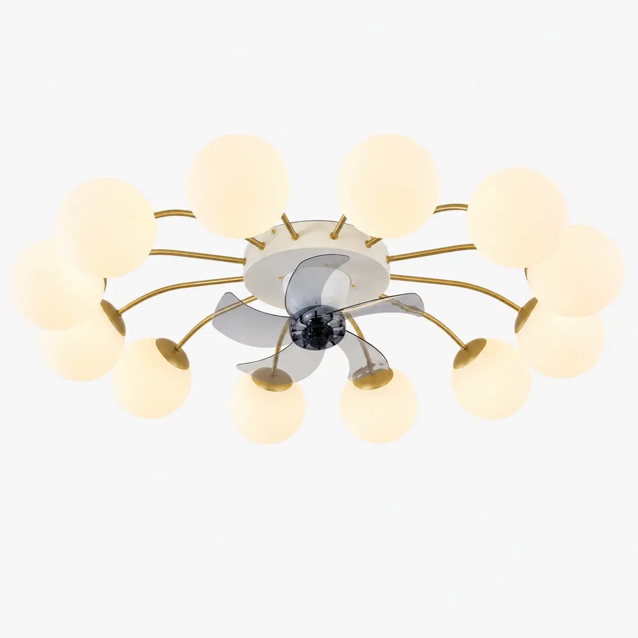 Ventilador de techo con luz, de hierro y cristal blanco y dorado, con 12 cabezales.